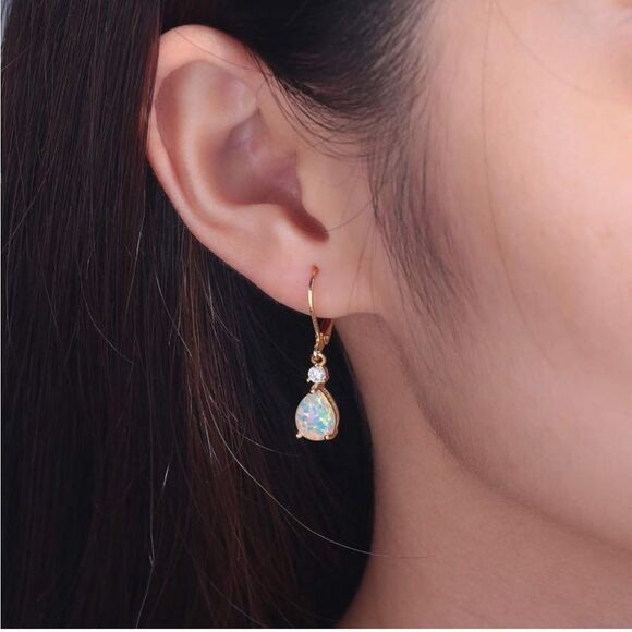 14K Yellow Gold with Genuine White Fire Opal and CZ Teardrop Leverback Earrings - Picture 4 of 5